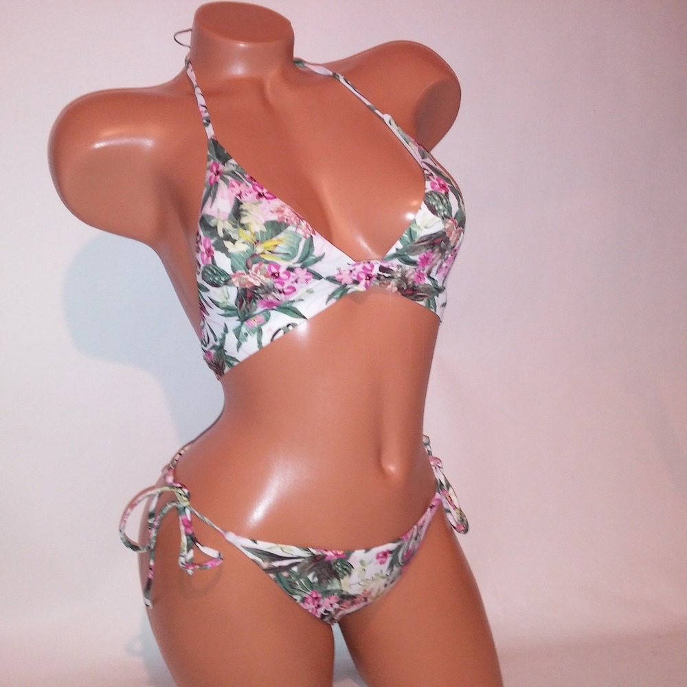 Victoria Secret Swim Bikini XS Top Small Bottom Pink White Green Tropical Floral
